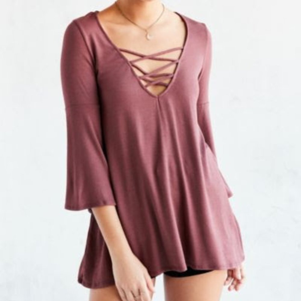 Urban Outfitters Ecote Criss Cross V Neck Flared Bell Sleeve Tunic Peasant Top